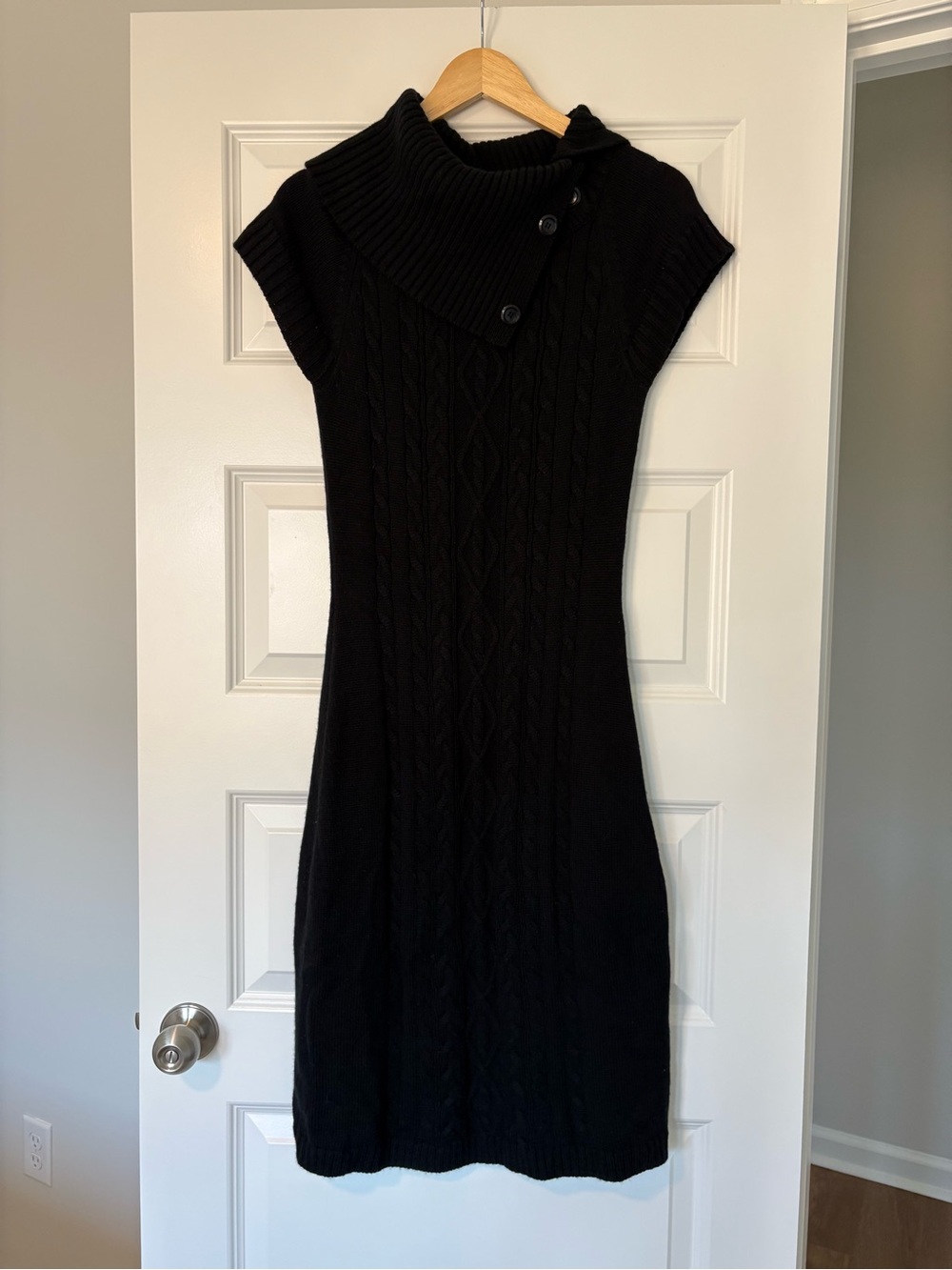 Calvin Klein Black Cable-Knit Midi Sweater Merino Wool Dress